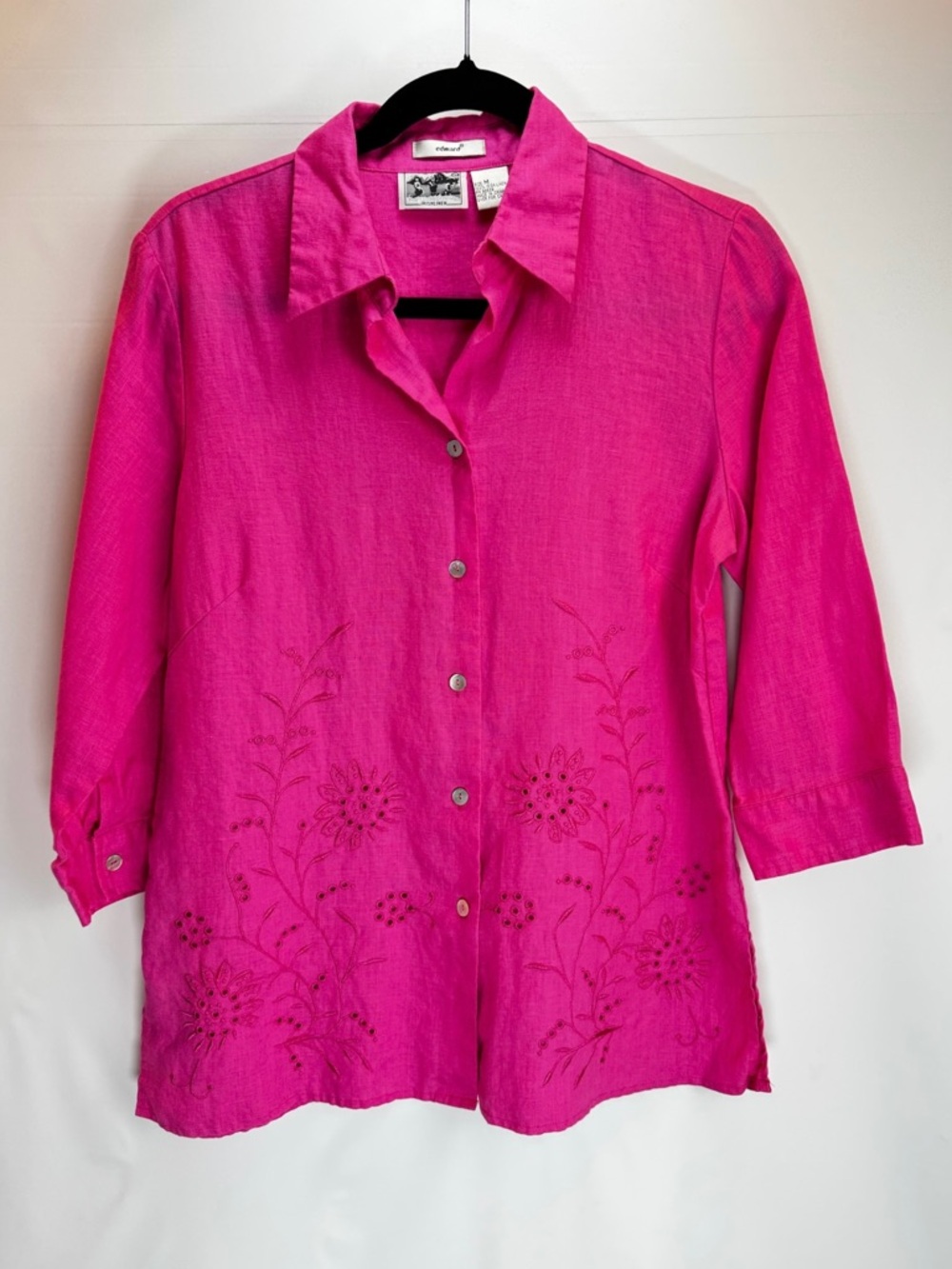 Bright Pink Embroidered Button-Front Linen Women's Shirt